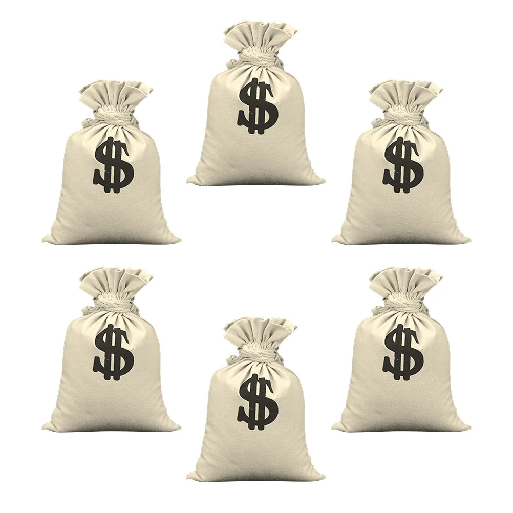 

6 Pcs Dollar Sign Money Bag Drawstring Pattern Print Themed Party Props Pouch Costume Cotton Carrying Sack