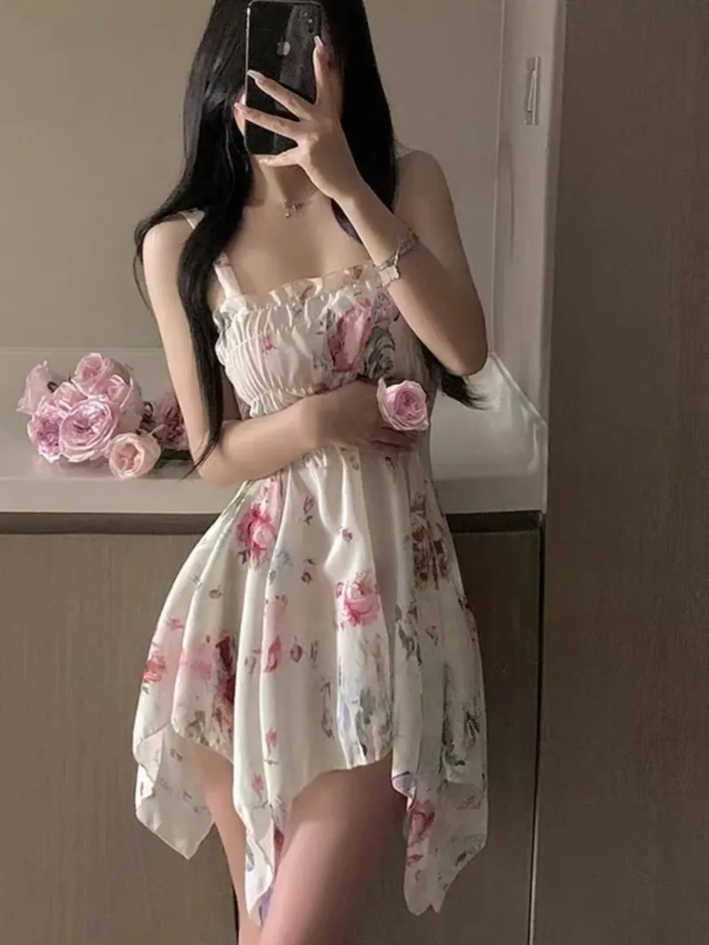 

Hotsweet Style Flower Dress Chiffon Strap Temptation Sexy Elastic Waist Irregular Temperament Sweet Girl Perspective Dresses