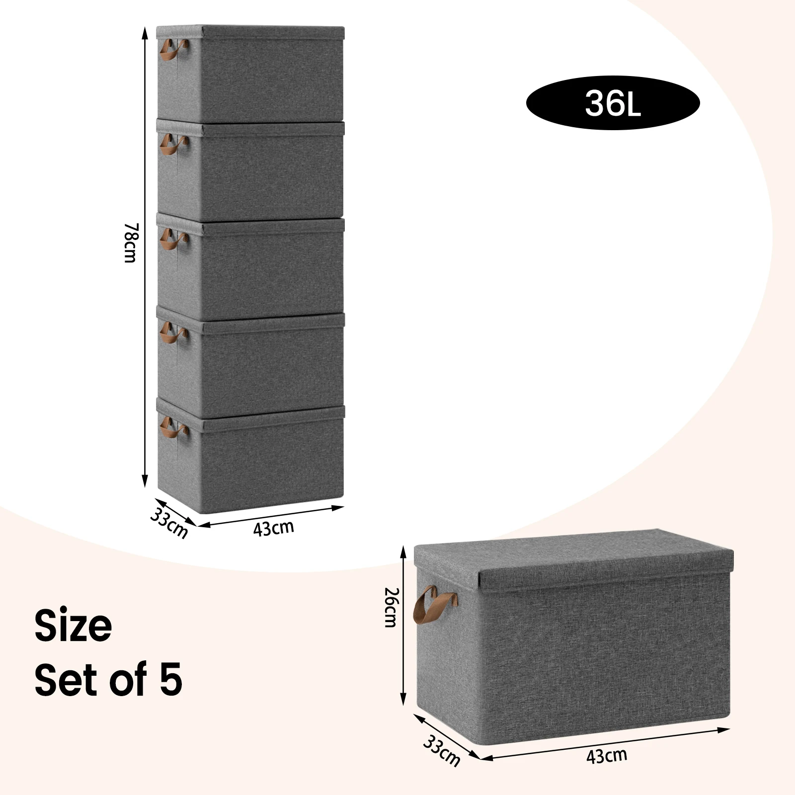 WOLTU 3/5 Stück faltbare Stoff-Aufbewahrungsbox mit Deckel und Griffen, 20/27/36/51 l, große Box, Tasche, Korb, Organizer für Bettdecken, Kleidung, Spielzeugbox