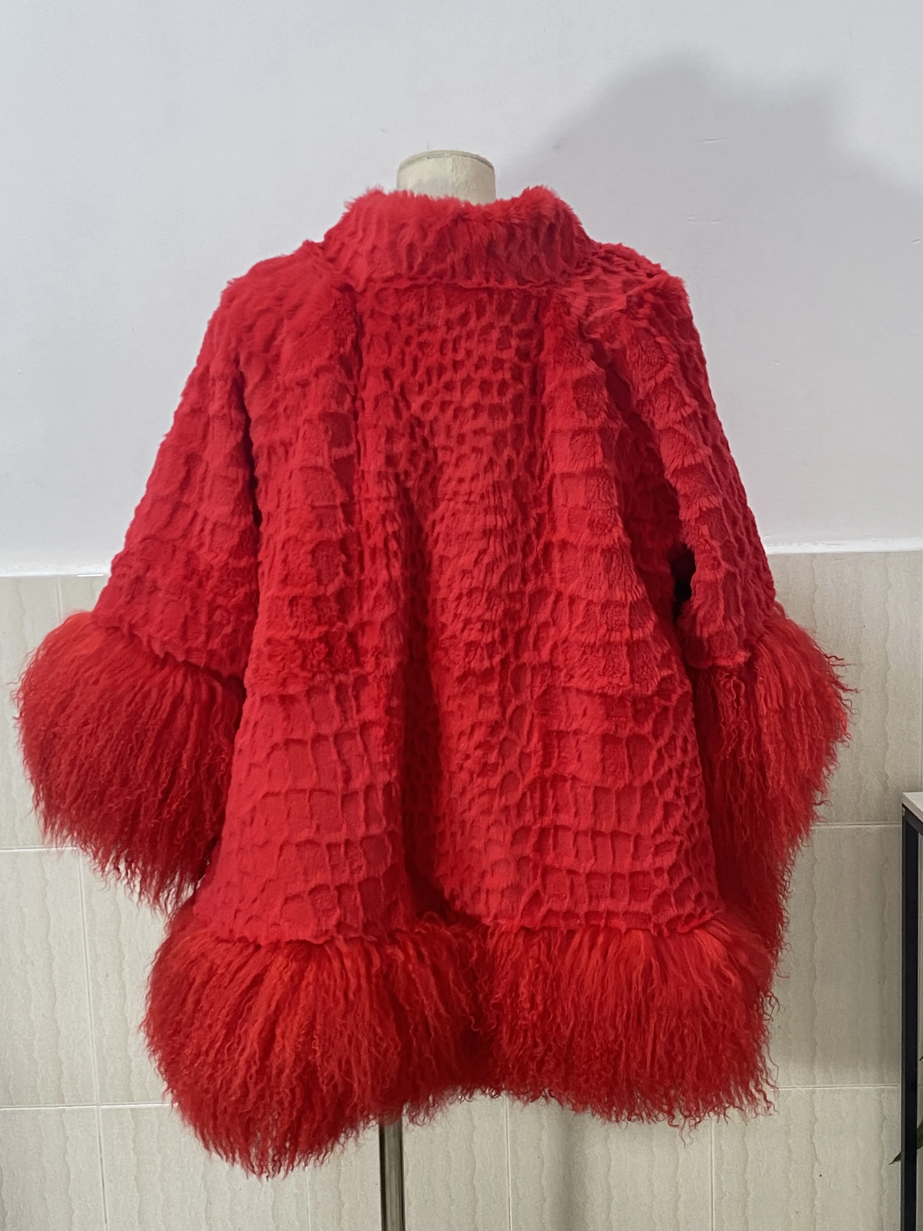 LGRQ Causal Whole Rabbit Fur Furs Tassel Spliced Solid Color Single Breasted High Collar Warm Women's Coat 2024 Winter New 19D46