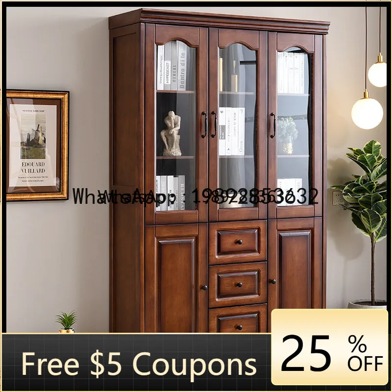 Solid Wood Bookcase with Glass Doors, Three Doors, Simple Retro Vintage Storage, Student Bookshelf, Office File Cabinet
