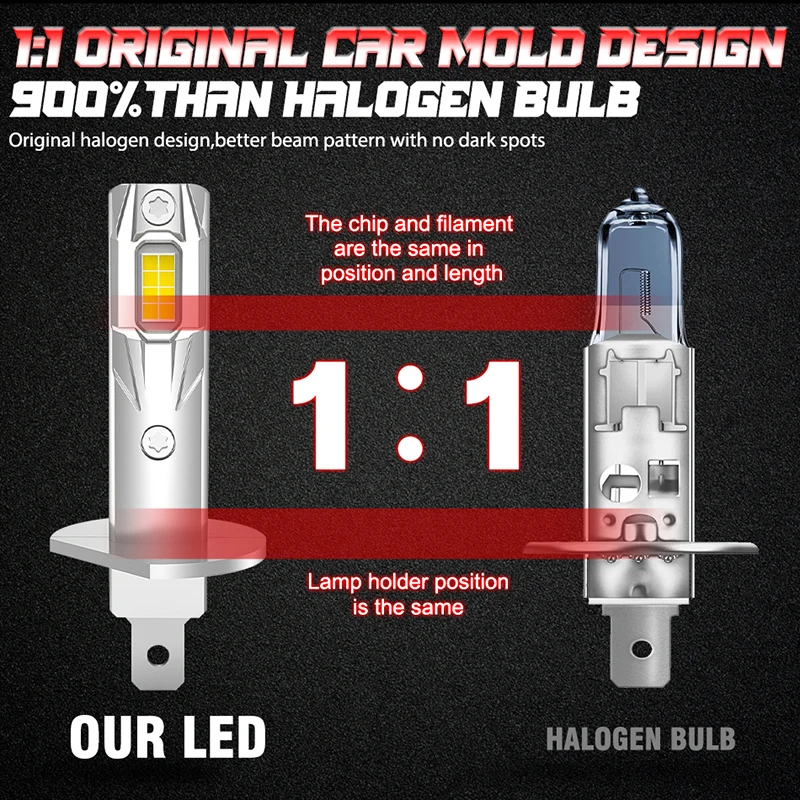 Bullvision H1 LED Headlight Bulbs CANBUS Lights Mini Lamp H1 1:1 CSP Wireless Fog Light Fanless Car LED Plug&Play 12V 24V 6000K view 4