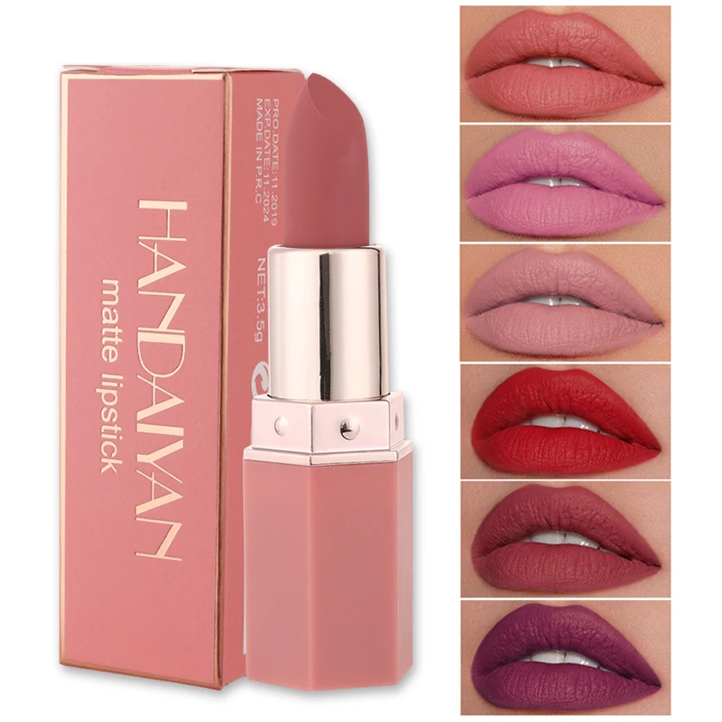 Handaiyan-lápiz labial de terciopelo resistente al agua, 6 colores, Sexy, pigmentos rojos y marrones, maquillaje profesional de larga duración