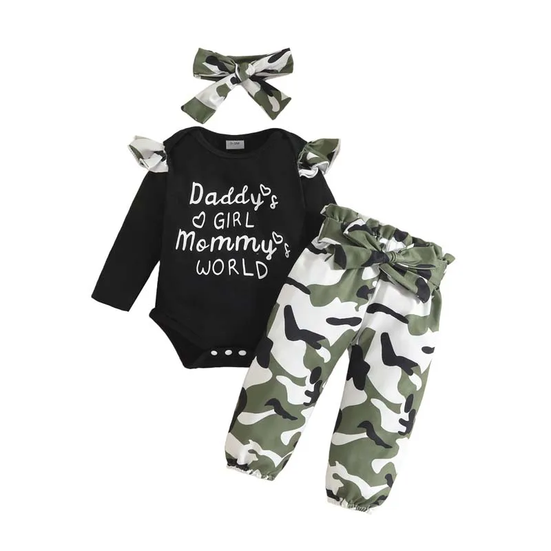 

Autumn Baby Clothing 3Pcs/Sets For 0-18 Months Girls Black Long Sleeves Letter Bodysuits+Camouflage Trousers+Hairband NewBorn