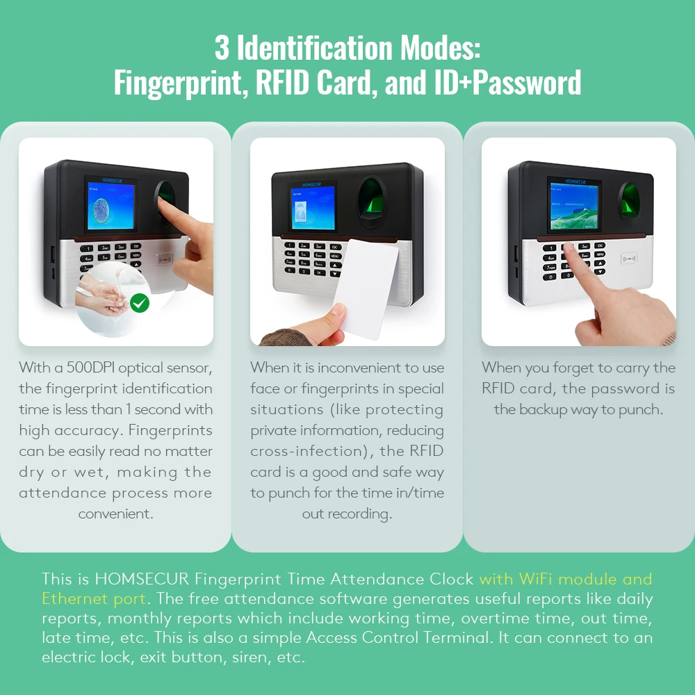 HOMSECUR A-L355 New Fingerprint And RFID Card Time Attendance+Free Software+WiFi+DST