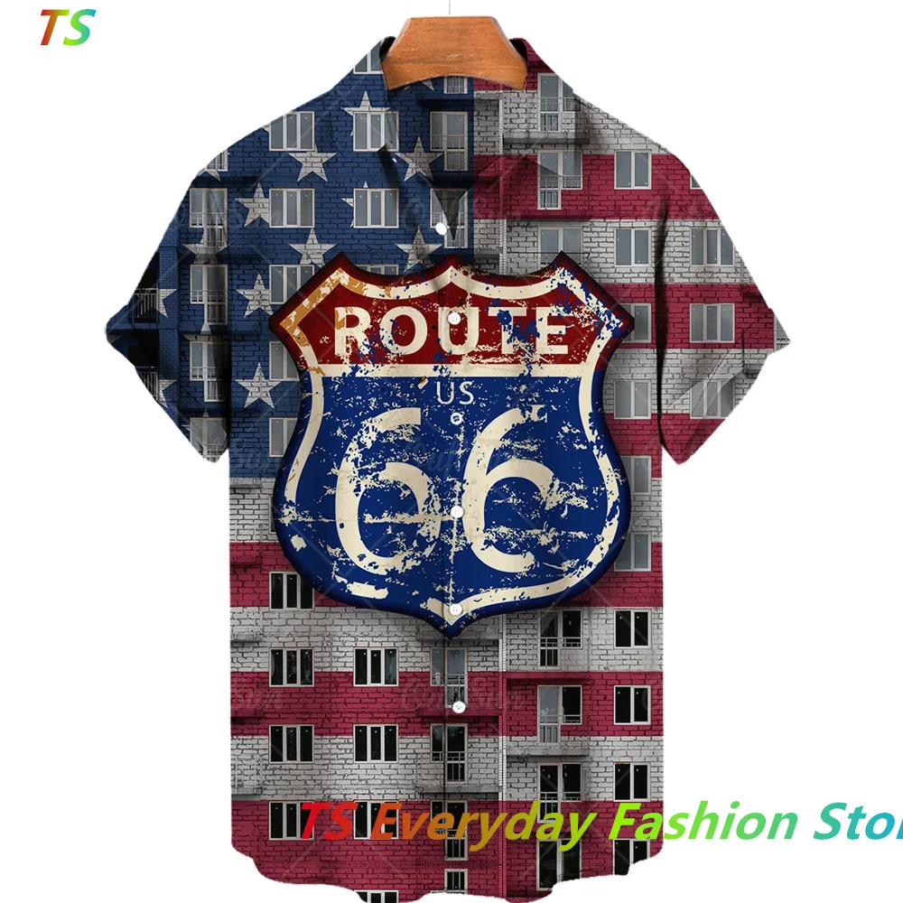 New Summer Hawaiian Men's Shirt Route 66 Street Classic 3d Printed Men Short Sleeve Top Tee Rock Music Lapel Man Clothes