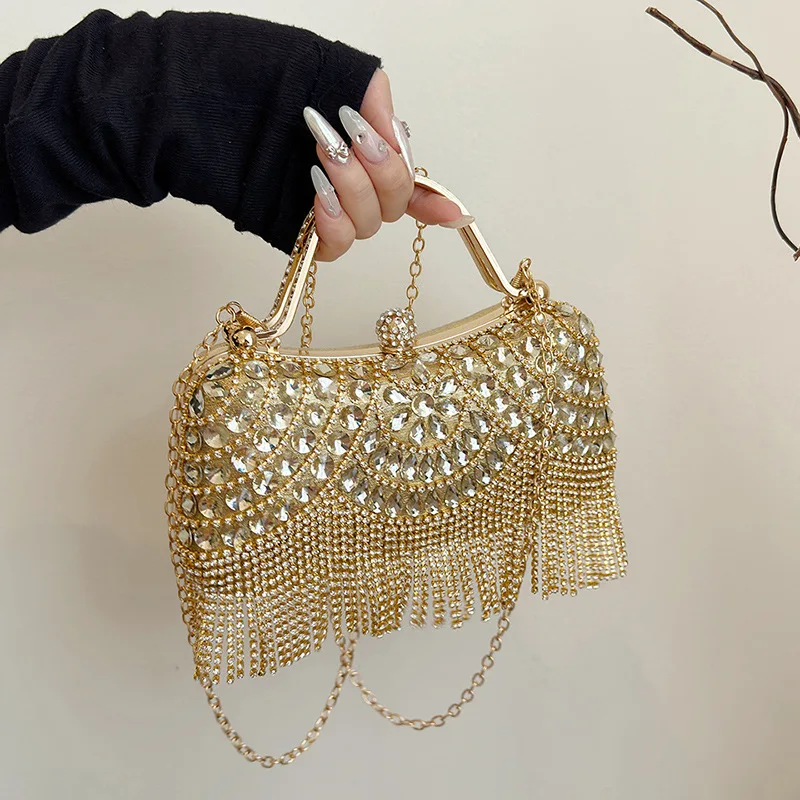 Bolso de mano lujoso con tachuelas de diamante para mujer, Cartera de noche con borlas, monedero de boda, vestido de fiesta con cuentas, 2024