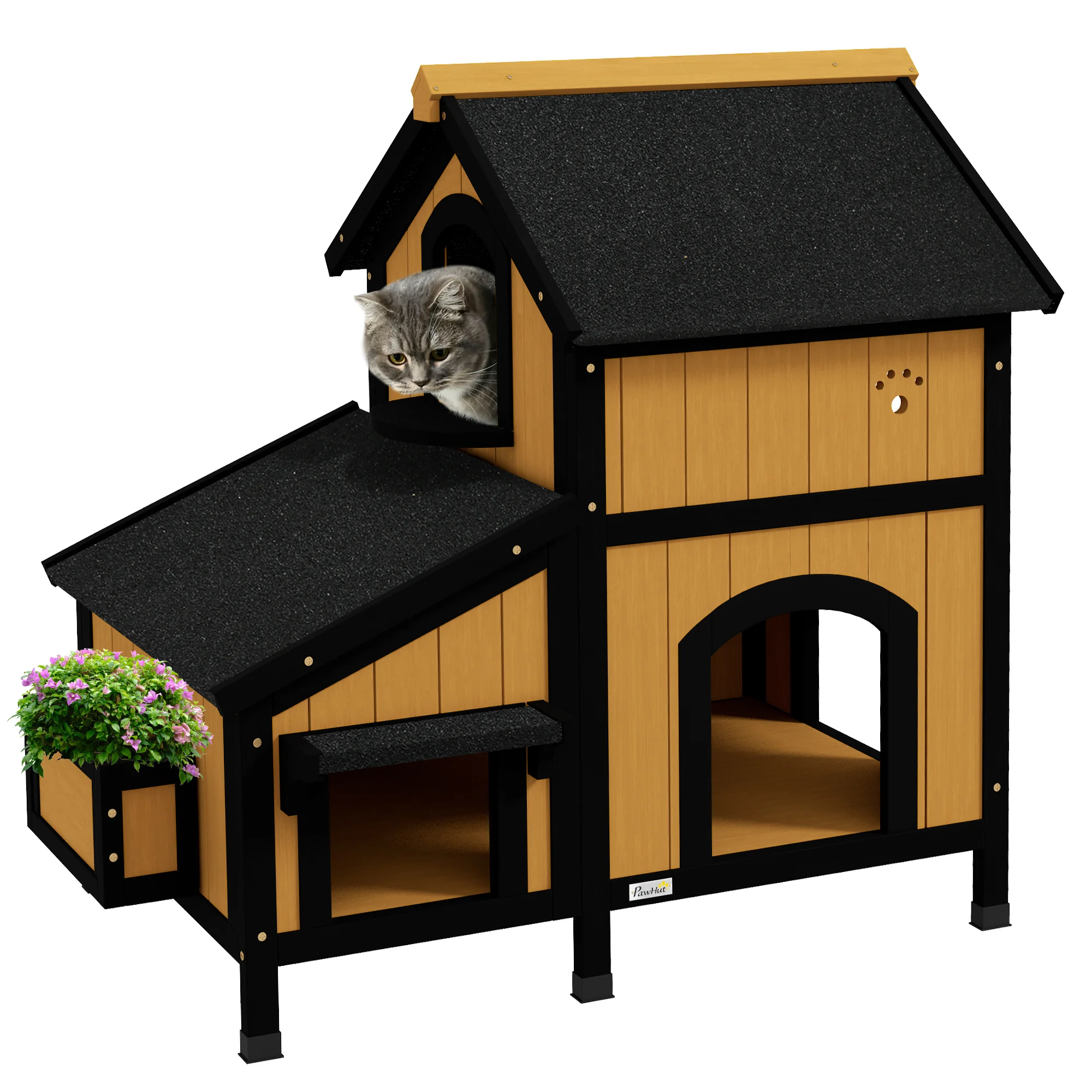 Pawhut 2-laags houten kattenhuis met pot 96X65X85,5 cm