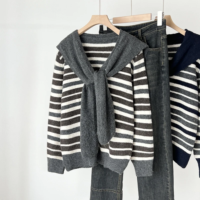 Quali Maglione lavorato a maglia lungo ampio da donna con sciarpa a righe color blo Autunno Inverno Casual Top versatile