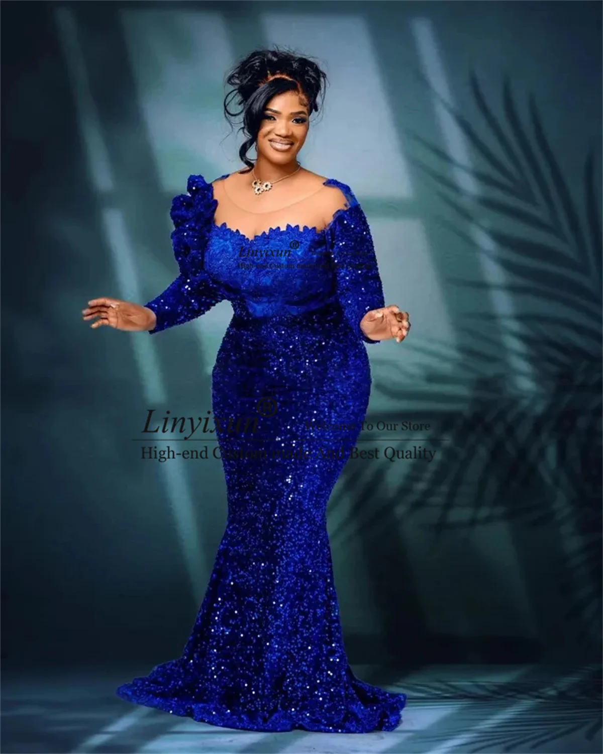 Royal Blue Sequins African Prom Dresses Plus Size Black Women Nigerian Formal Party Dress Shiny Sequined Mermaid Evening Gown