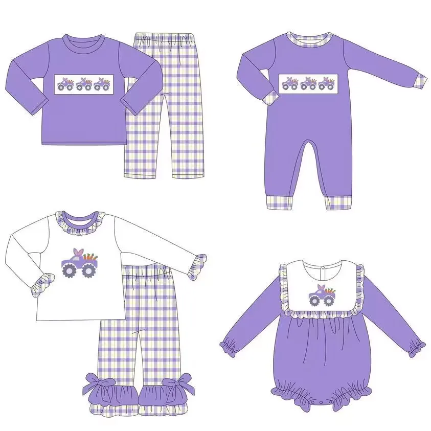 Easter New hot sale brother and sister set Long sleeve series styles Easter carrot and car graphic print purple plaid fabric