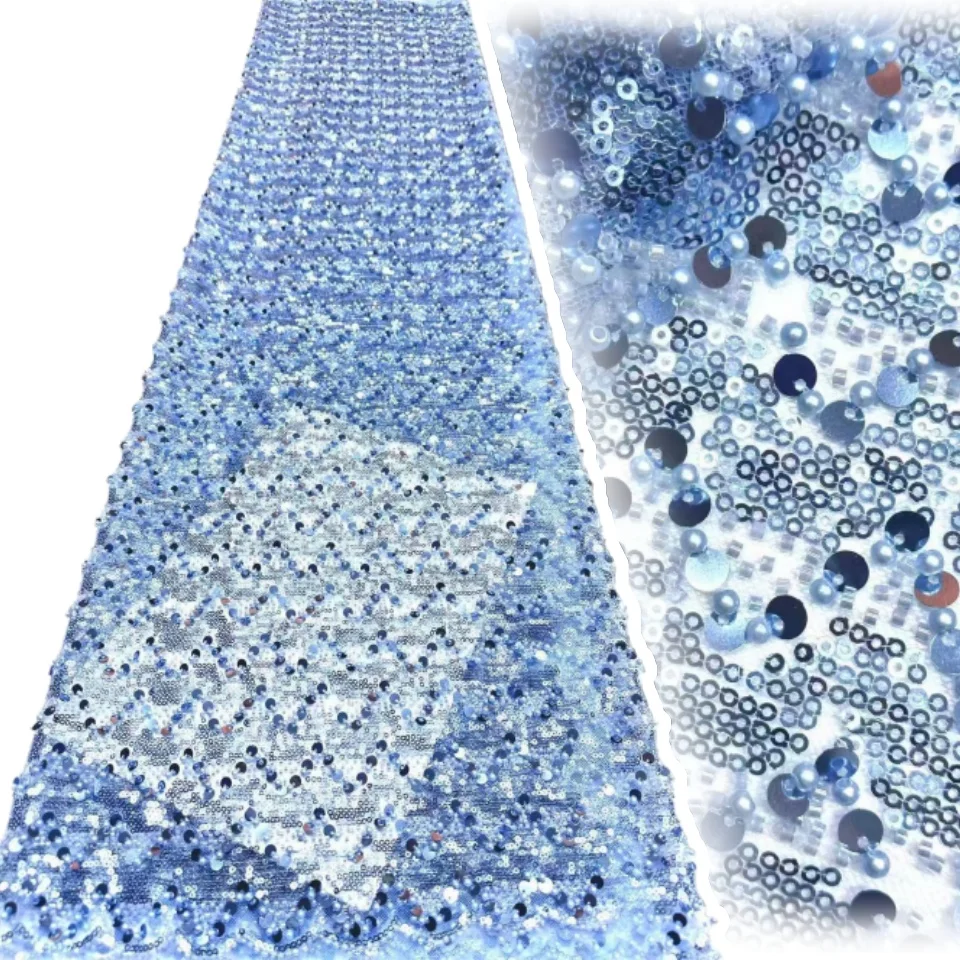 

Blue Luxury Beaded Chiffon Lace Fabric 2026 Premium French African Sequined Lace Fabric Women's Bridal and Party Gown 2192