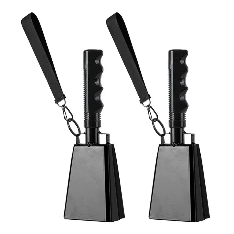 ABKV-Cowbell Noise Makers 2Pcs Steel 9 Inch Cheering Hand Bell With Wrist Strap For Sports Event Black