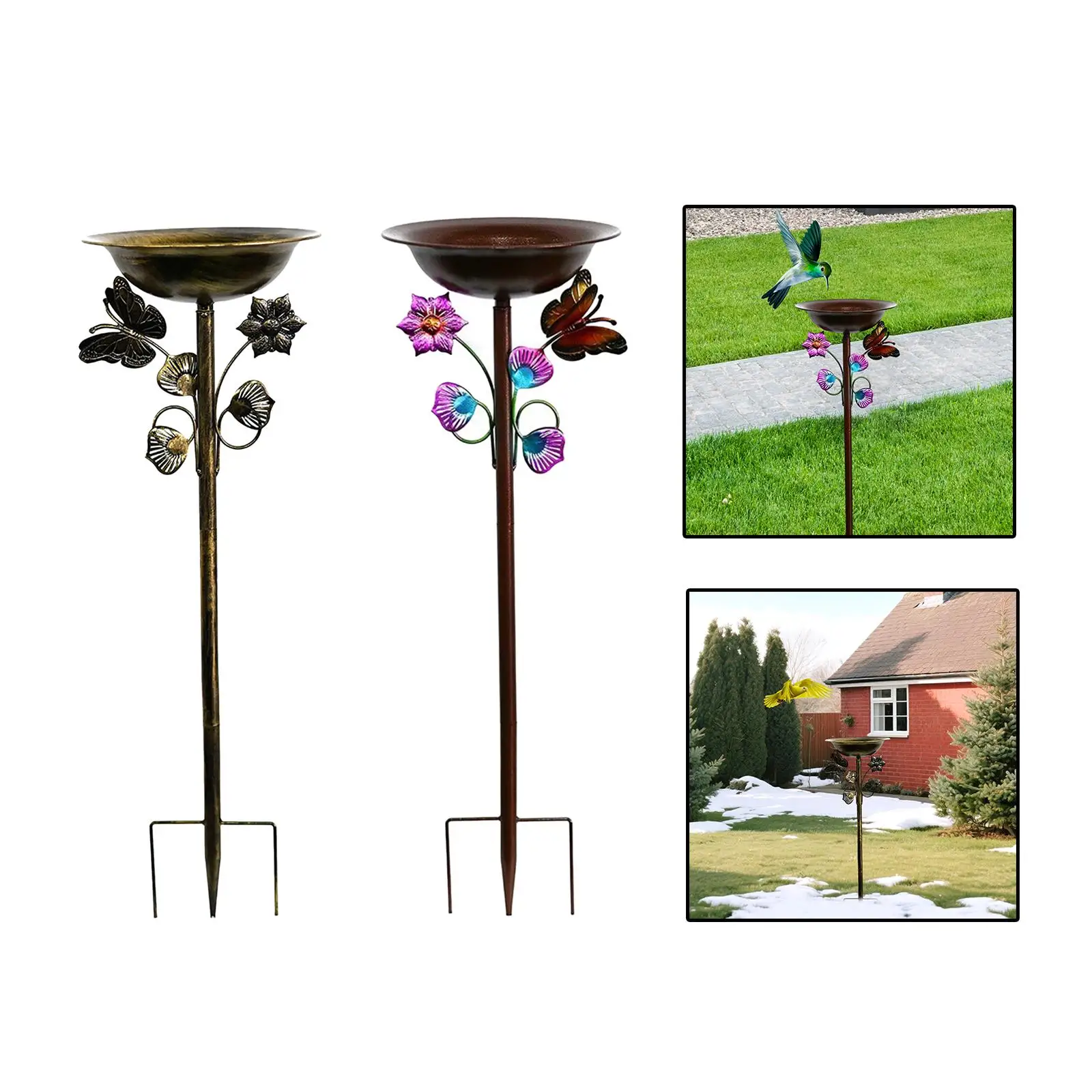 

Outdoor Bird Birdbath Iron Craft Elegant Standing with Stake Bird Water Feeder