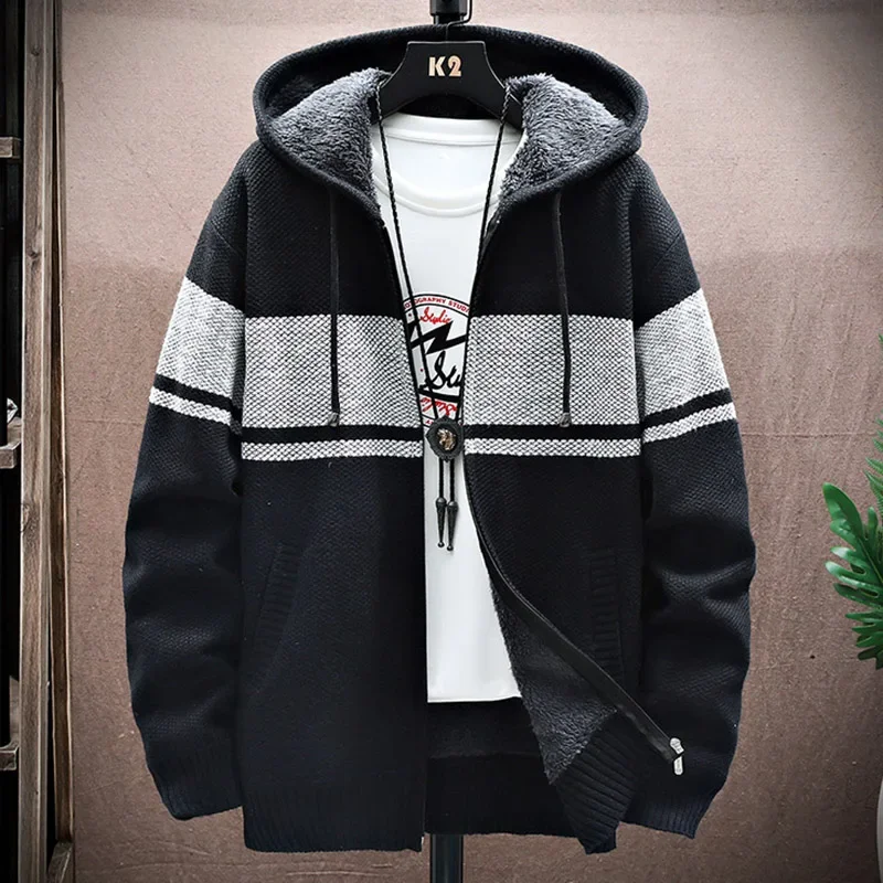 

New Men's Striped Knitted Sweatercoat Fleece Knitted Cardigan Casual Hooded Knit Sweater Jackets Autumn Winter Warm Cardigan Men