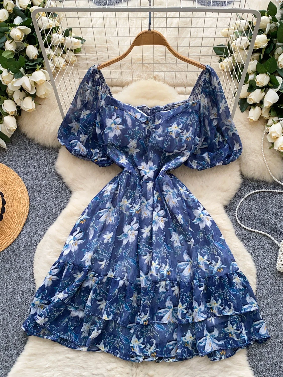 Romantische Blumen Druck Puff Sve ort Dr frauen Sommer Abnehmen Hohe Taille A-linie Rock Koreanische Sle Pendeln Dr