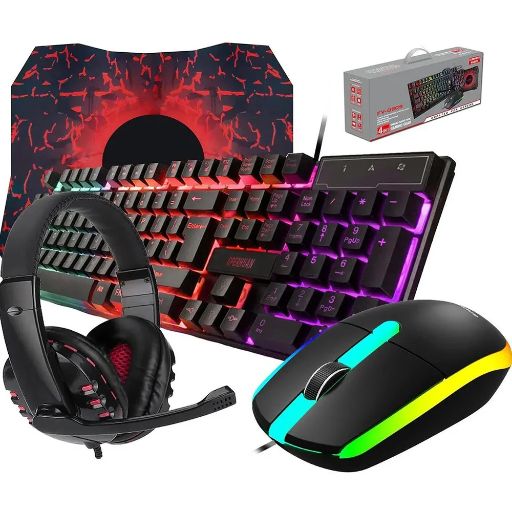 Wired Gaming Keyboard and Mouse Headset Combo,Rainbow LED Backlit Wired Keyboard,Over Ear Headphone with Mic