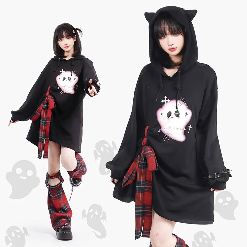 Spring Autumn Unique and Niche Checkered Drawstring Top Design Style Little Ghost Hooded Cat-ear Hoodie