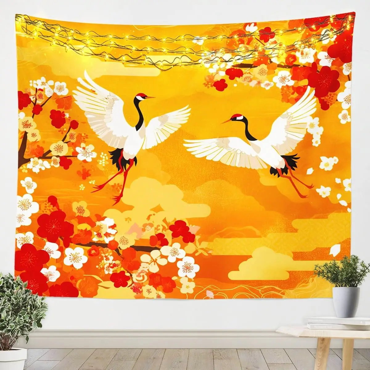 Traditional Japanese Crane Tapestry, Vibrant Yellow Sky with Cranes and Cherry Blossoms Wall Art for Asian Aesthetic Room Decor