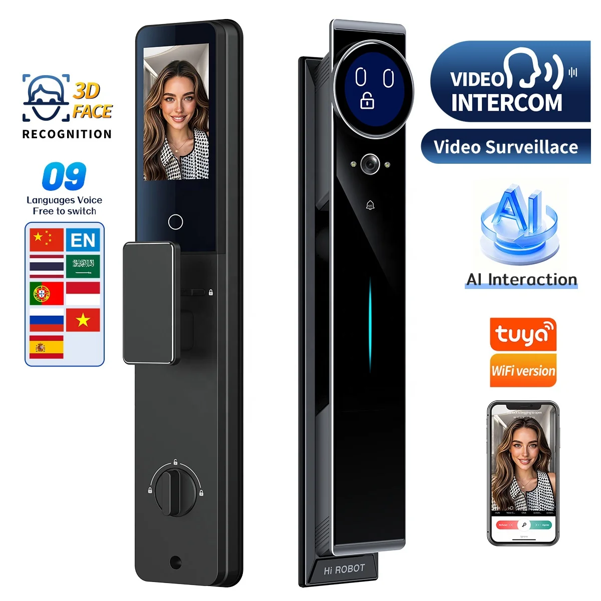 New AI Smart Lock Palm Vein Video Talking Tuya App Remote Control Keyless Entry Face ID Biometric Digital Door Lock