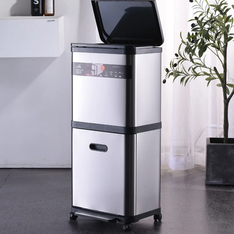 Stainless Steel Kitchen Trash Bin, Elegant Double Layer Garbage Can, Foot Pedal Design, Easy Waste Sorting