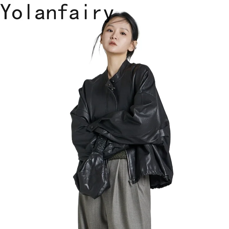 YOLANFAIRY Full Vegetable Tanned Lambskin Coat Women Round Collar Oversized Cropped Short Ultra Light Real Sheep Leather Jacket