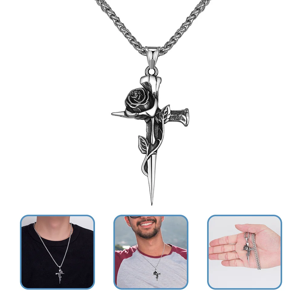 

Rose Cross Stainless Steel Necklace Men Vintage Polished Gothic Pendant Suitable for Halloween Cosplay Punk Hip Hop