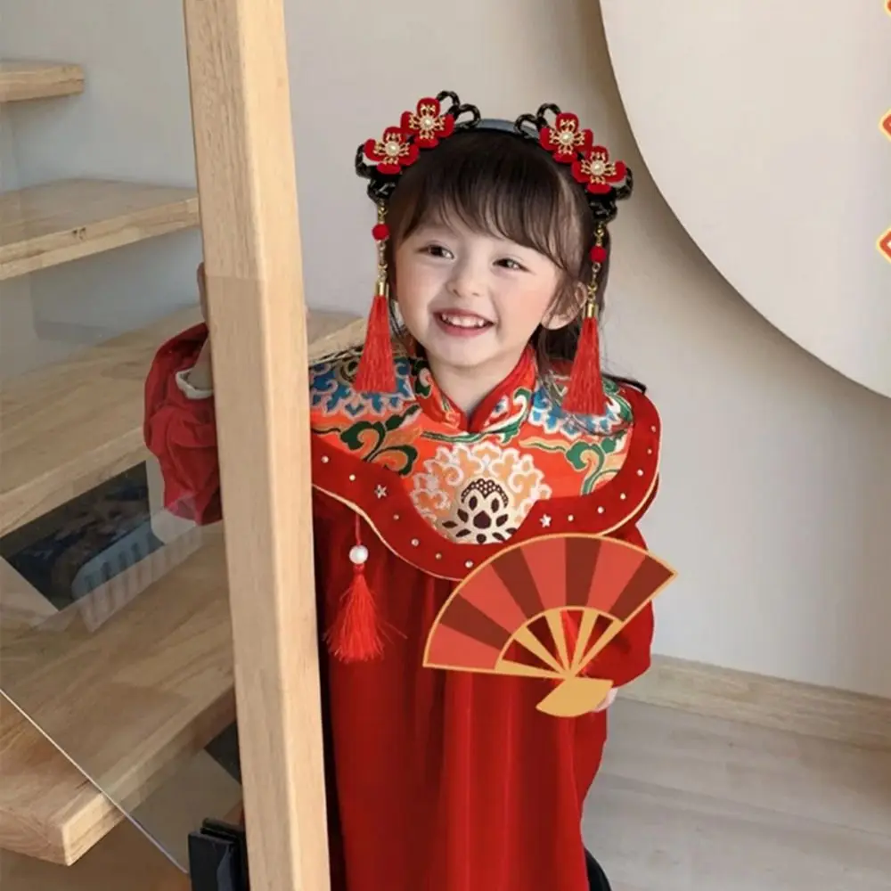 Flower Children Wig Headband Tassel Braid Hair Chinese New Year Headwear Ancient Headwear Girl Hair Accessories Red Bow Hairband
