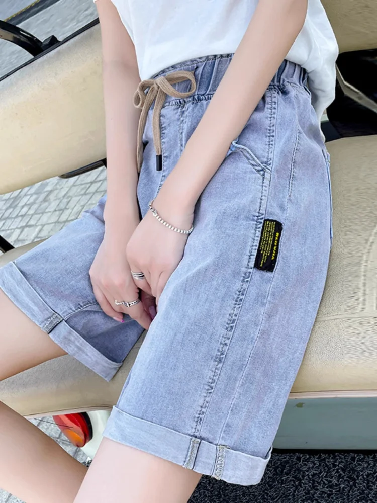 

Женские джинсовые шорты с высокой талией и широкими штанинами, свободные, на эластичном поясе, длиной до колена, летние, тонкие, из денима, с эффектом похудения