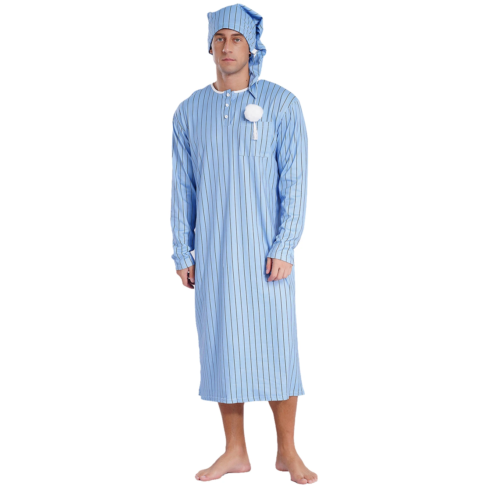 Mens Striped Sleep Shirt Striped Big&Tall Long Sleeve Nightshirt with Sleeping Cap Sets Henley Shirt Pajama Robes Nightgowns