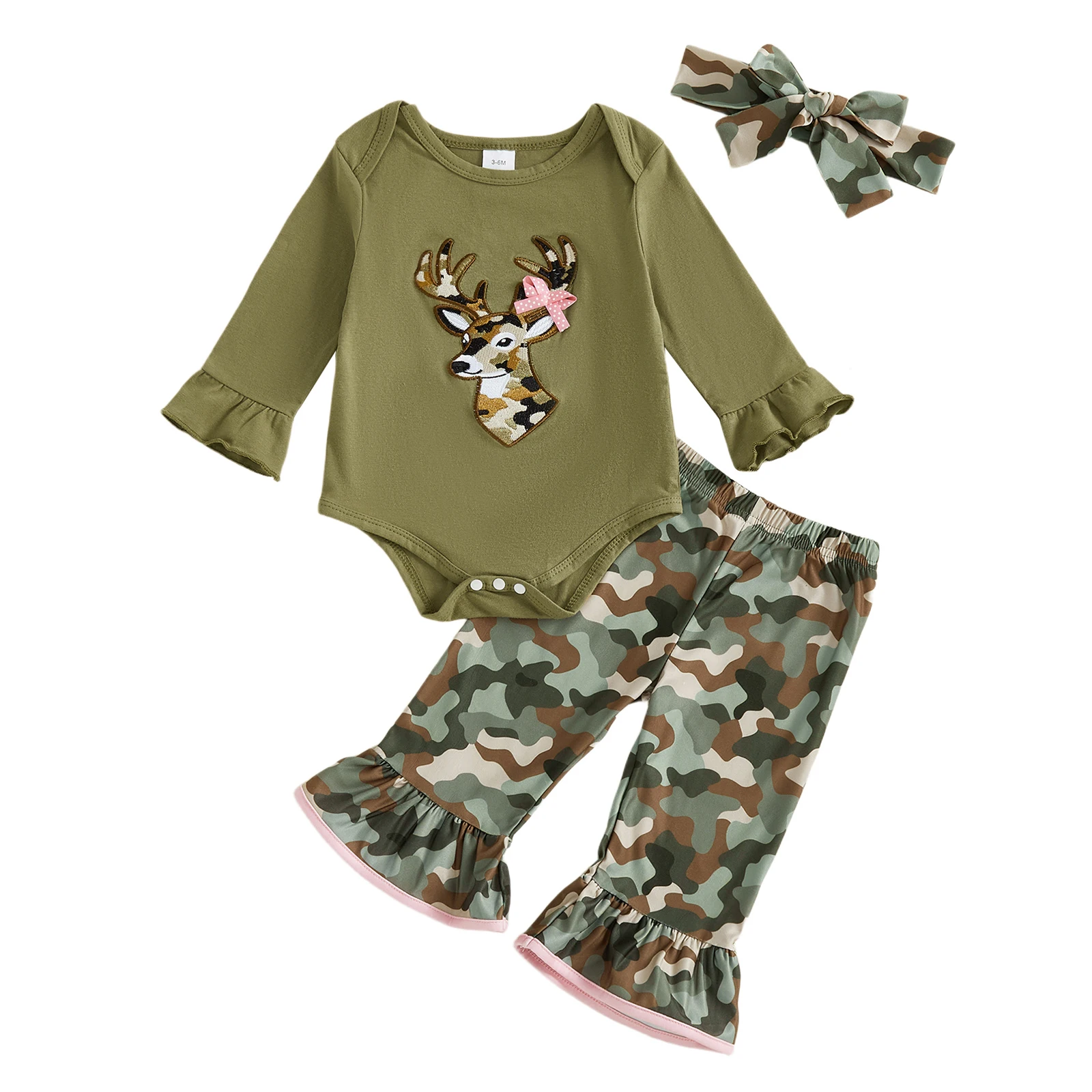 

Осенняя одежда для маленьких девочек, комбинезон с длинными рукавами и вышивкой головы оленя, камуфляжные расклешенные брюки и повязка на голову с бантом, комплект из 3 предметов
