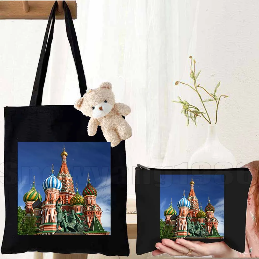 3pcs Matroshka Russian Dolls Moscow Kremlin Russia Colorful Khokhloma Art Canvas Shoulder Totes Bag Handbags Cotton Shopping Bag