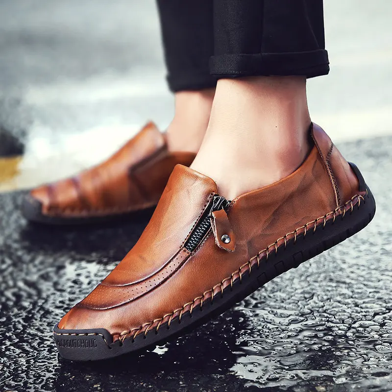Zapatos informales clásicos para hombre, mocasines planos transpirables de cuero genuino con cremallera, para conducir, talla grande 38-48