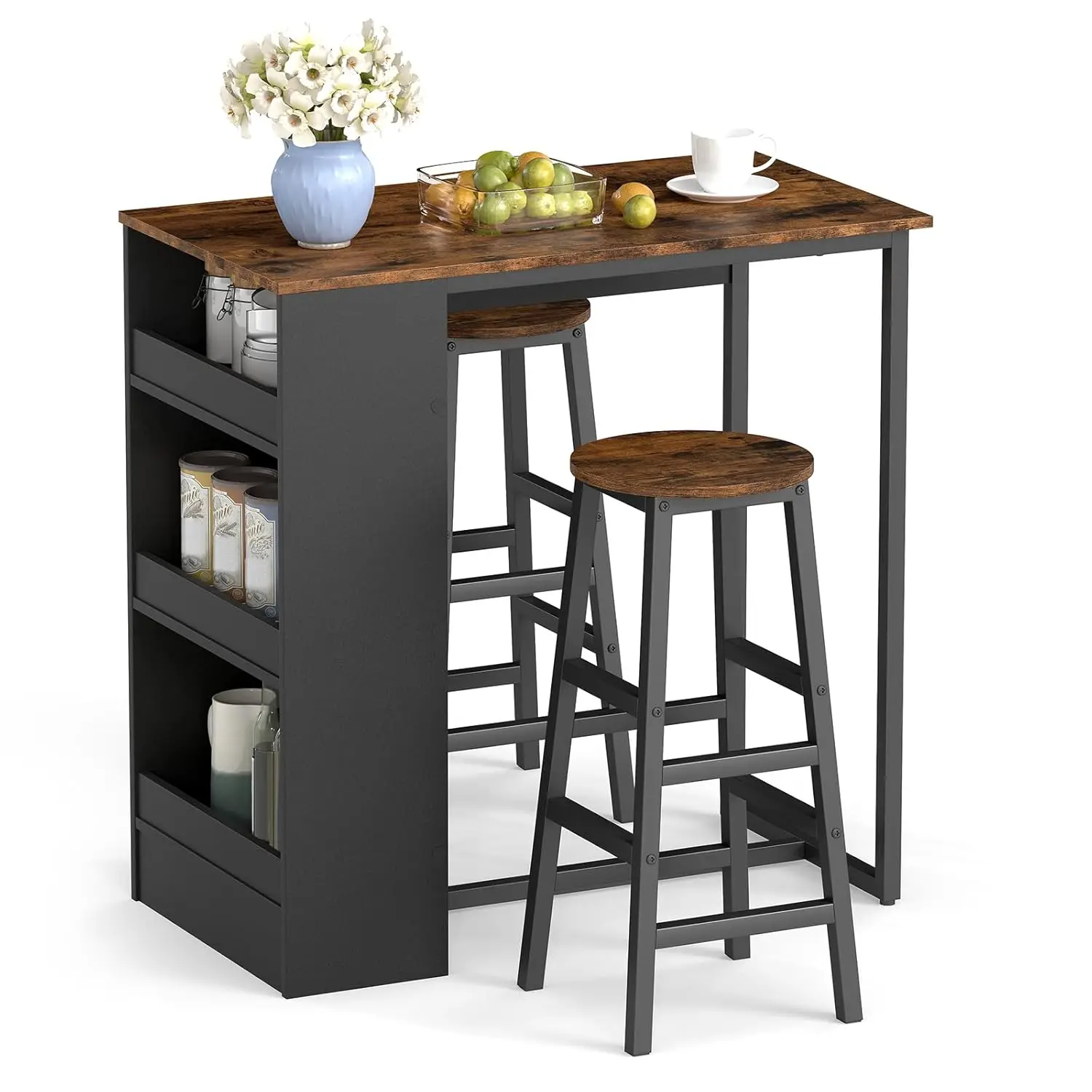 

Комплект барного стола высотой 36 дюймов с 3 полками для хранения и 2 круглыми стульями для столовой, кухни, гостиной, в деревенском стиле, коричнево-черный, на заказ