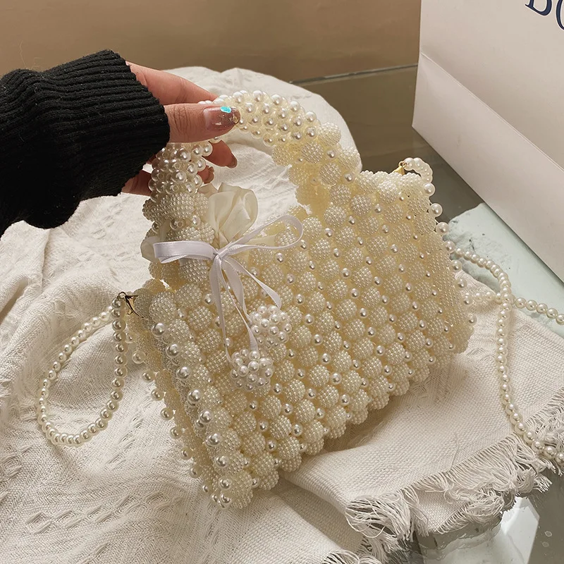 Beaded Handbags for Women Trend 2024 Pearl Knitting Casual Tote Bag Party Cute Beach Shoulder Bag Woman Fashion Crossbody Bag