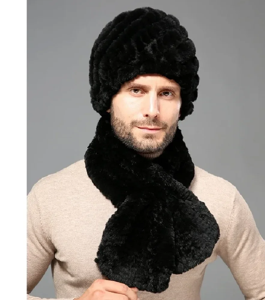 Men's Real Rex Rabbit Fur Hat Scarf Sets Winter Warm Beanie Cap Headwear Neckerchief Black Grey