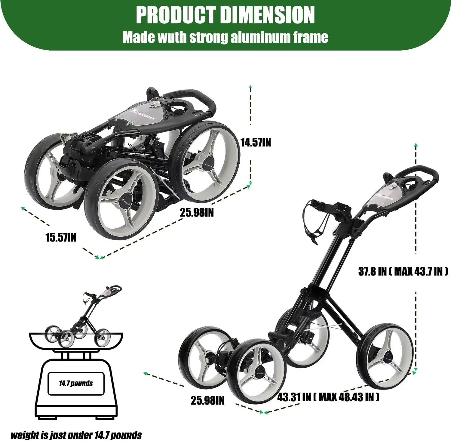 4 Wheel Golf Push Cart, One-Click Folding  Trolley Lightweight  Bag Pull Cart Caddy for  Clubs