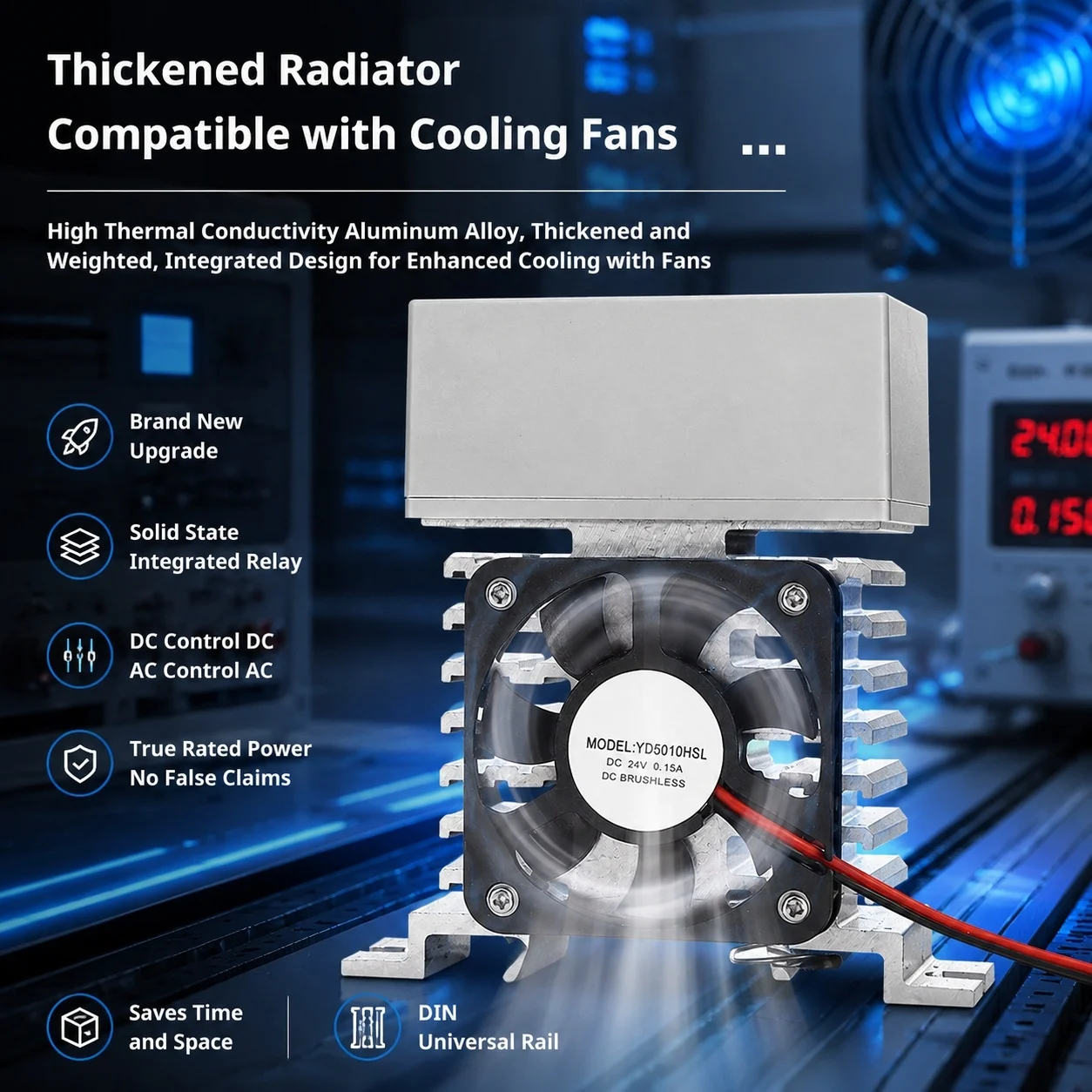 High-Power SSR with Active Cooling, 100A Max, Aluminum Finned Sink, Spring Terminal, DIN35, -30~70°C