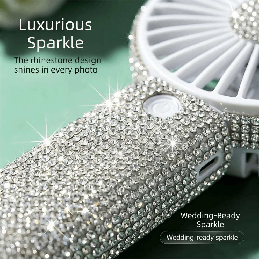 Small Size Mini Portable Fan Cute Design Sparkling Imitation Diamonds Handheld Personal Fan Long-Lasting Battery Diamond Pattern