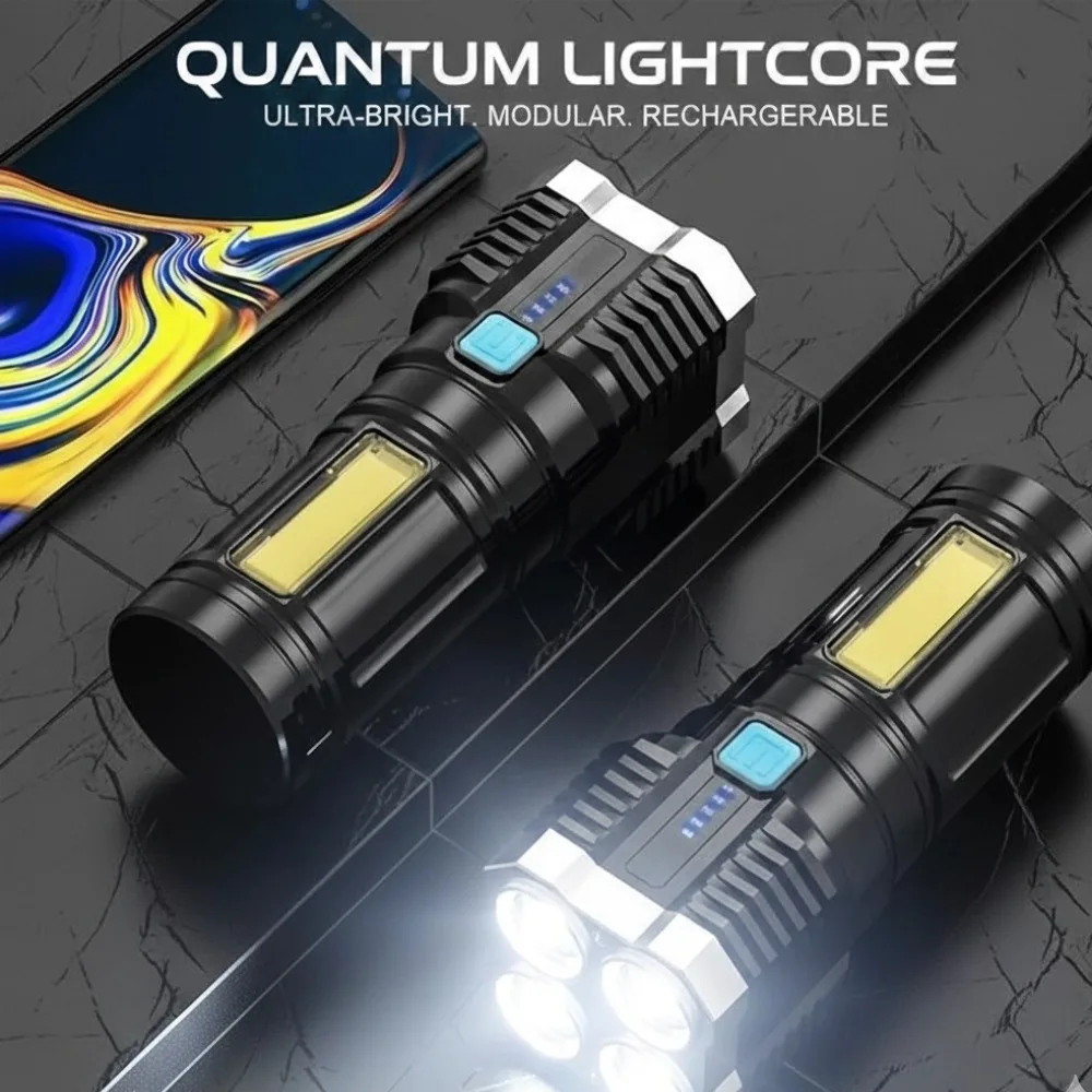 4 LED High Power Flashlights  Rechargeable Portable Outdoor Camping Lamps with COB  Side Light Hiking Adventure Emergency light