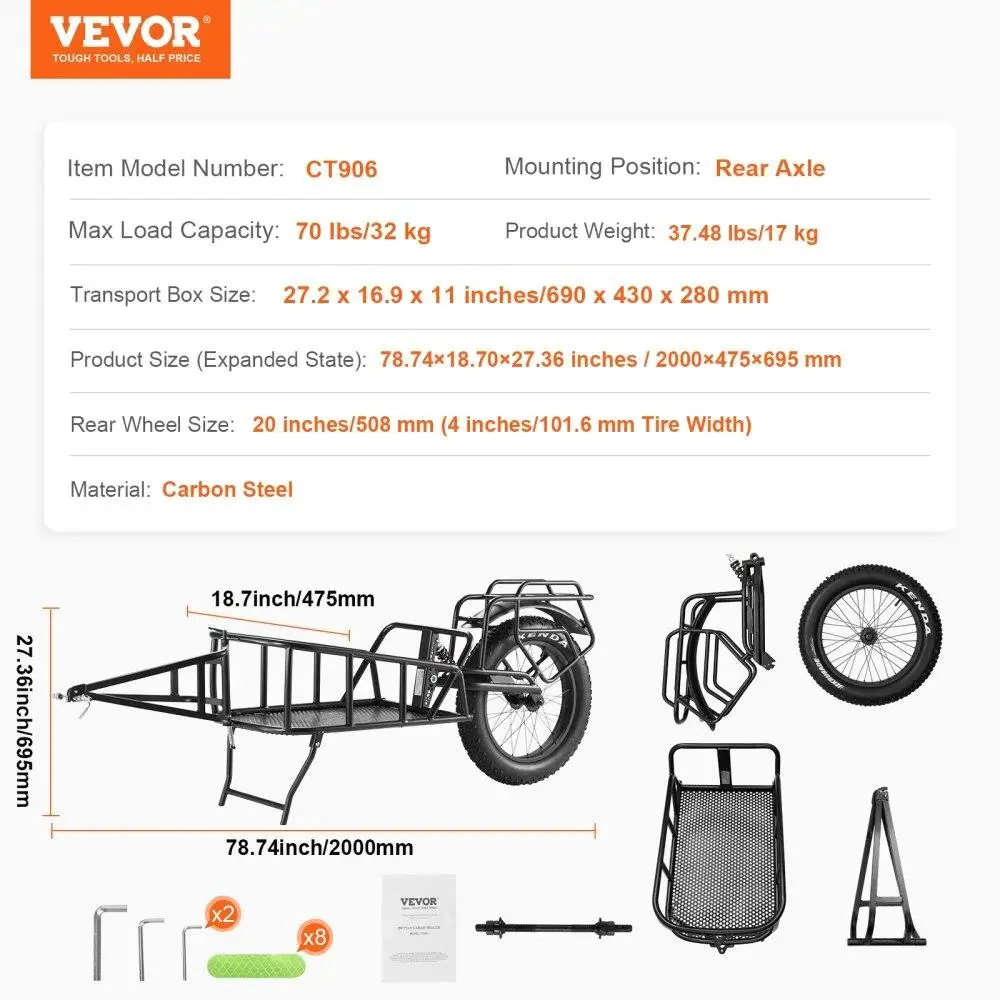 Bike Cargo Trailer, 70 lbs Load Capacity, Heavy-Duty Wagon Cart, Compact Storage & Quick Release Structure with