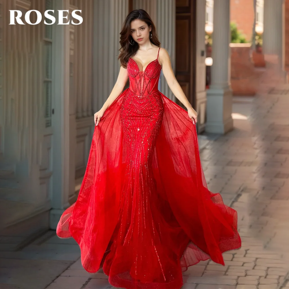 ROSES Red Gorgeous Prom Dress Sweetheart Backless Hollow Prom Gown with Fishbone Shiny Sequins Mermaid Evening Dress Customized