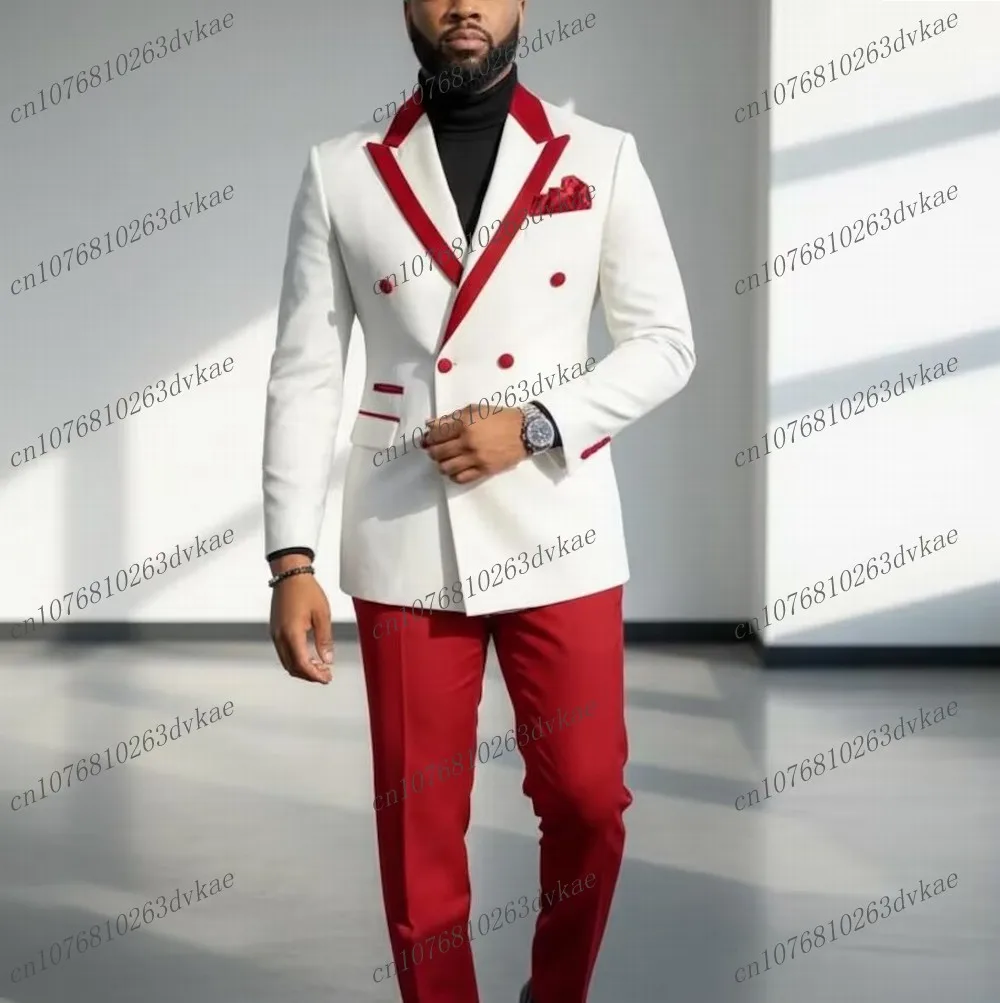 

White And Red Men Suit Wedding Party Formal Occasion Groom Groomsman Prom Business Male Tuxedos 2 Piece Set Jacket Pants