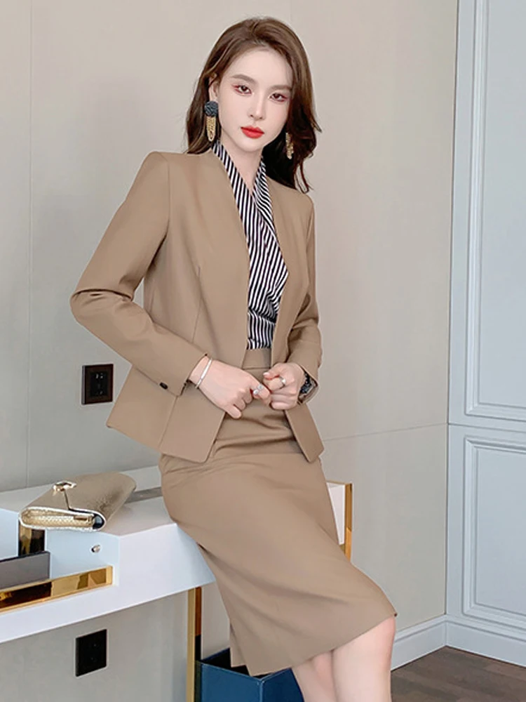 2023 Spring Professional Elegant 2 Pieces Sets Women Khaki Open Stitch Jacket Split Midi Skirt Office Business Formal Lady Suits