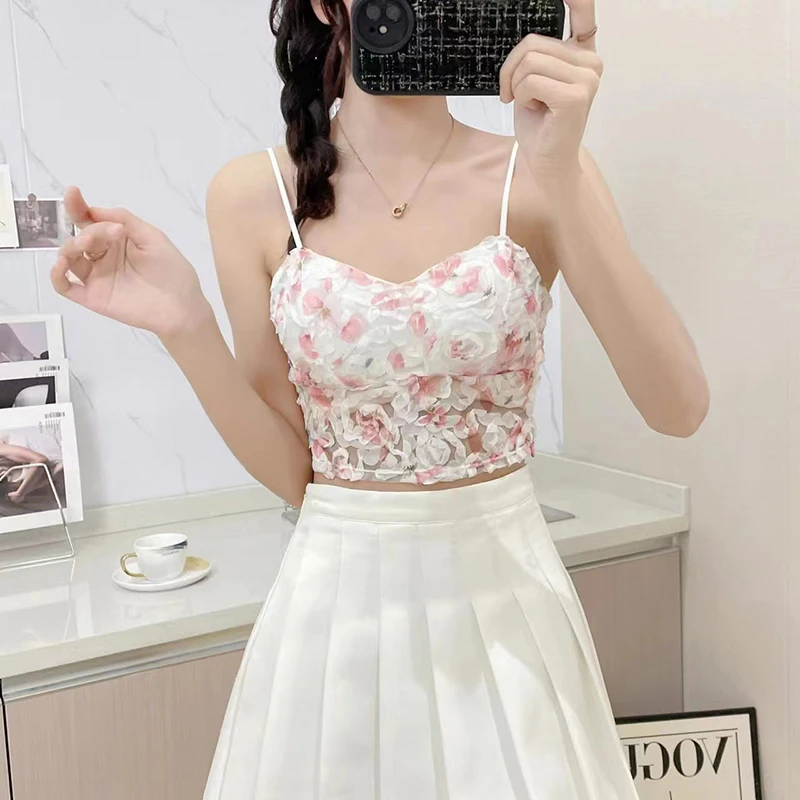 Summer Sweet Floral Corset Vest Office Lady Beach Style Sleeveless Blouse Women Fashion Sexy Lace Slim Crop Tops
