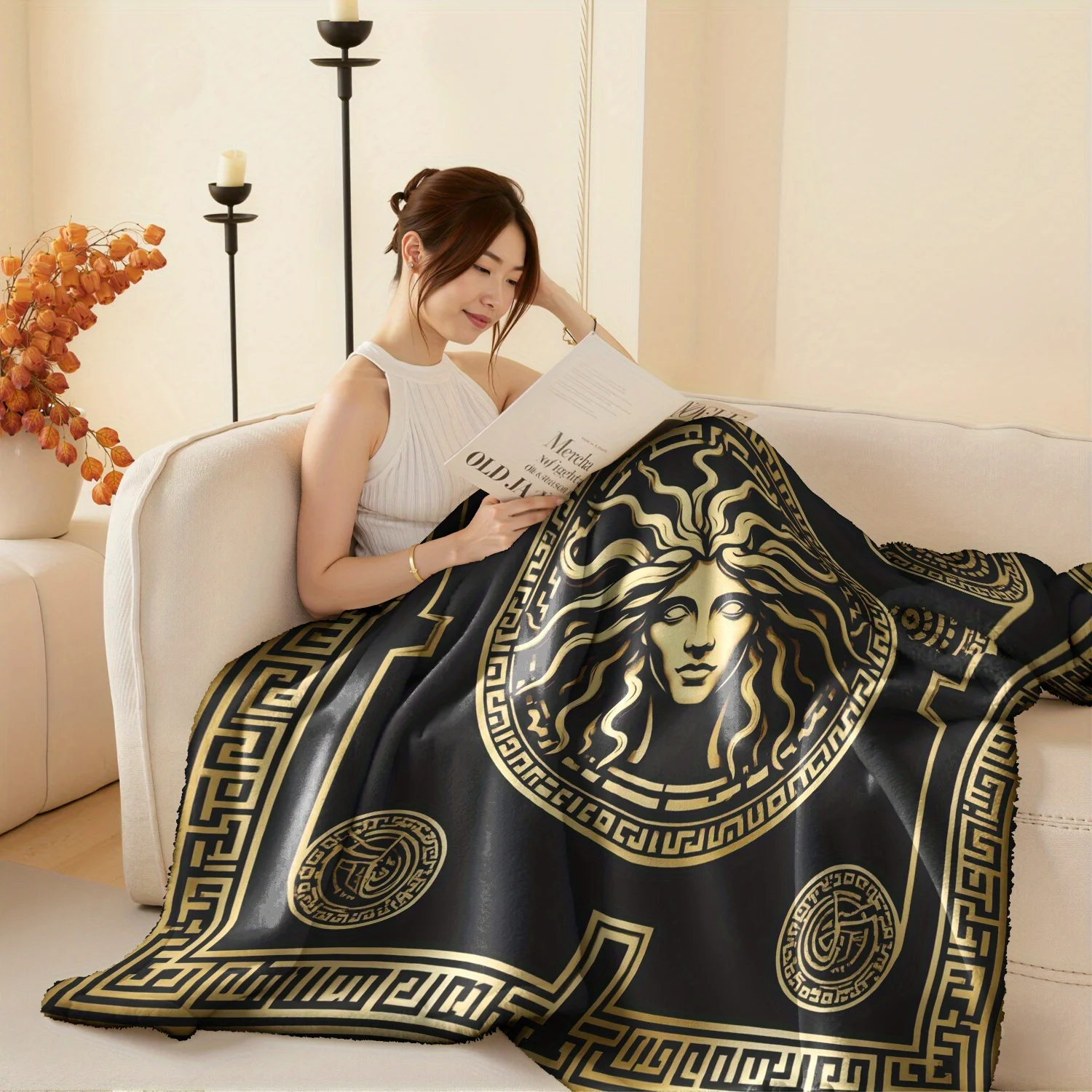 Custom Baroque Medusa Fleece Blanket Personalized Name Golden Greek Key Pattern Soft Warm Throw All Season Home Decor Gift