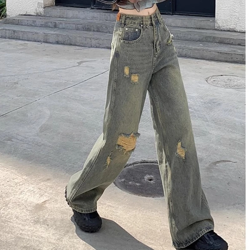 Retro Washed Ripped Jeans For Women Summer Hot Girl Design High Waist Loose And Wide Leg Pants Trendy