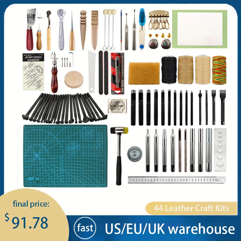 

Gold Carved Leather Craft Kit, 44 Leather Craft Kits, Rivet Sewing, Cutting Mat, Hammer Pin Buckle Package, DIY Leather Tool Set