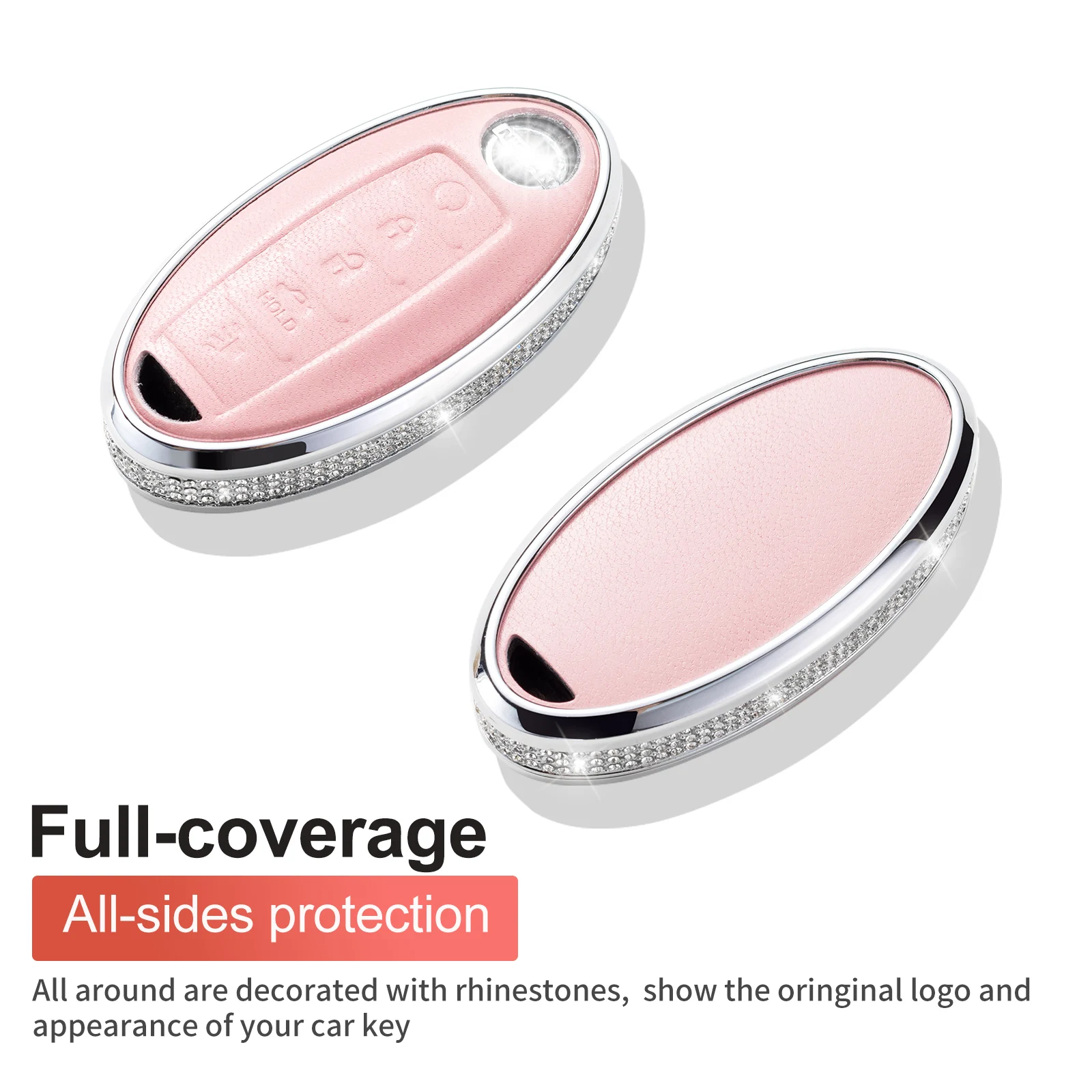 غطاء مفاتيح من الجلد الطبيعي مع سلسلة مفاتيح ، واقي مفاتيح كريستال ، متوافق مع نيسان ألتيما ، ماكسيما ، روغ ، أرمادا