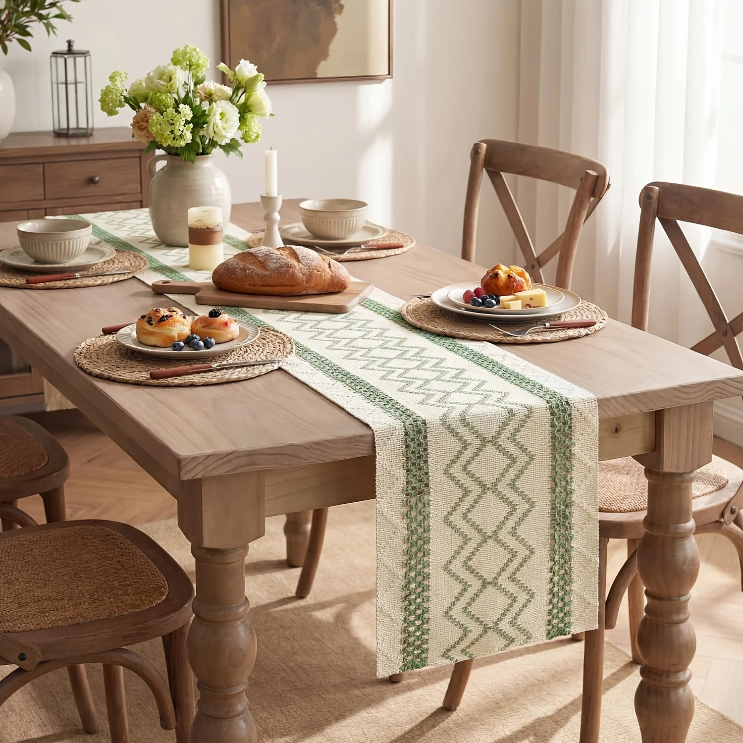 1pc Boho Geometric Table Runner Neutral Green Woven Table Decor for Dining Kitchen Living Room